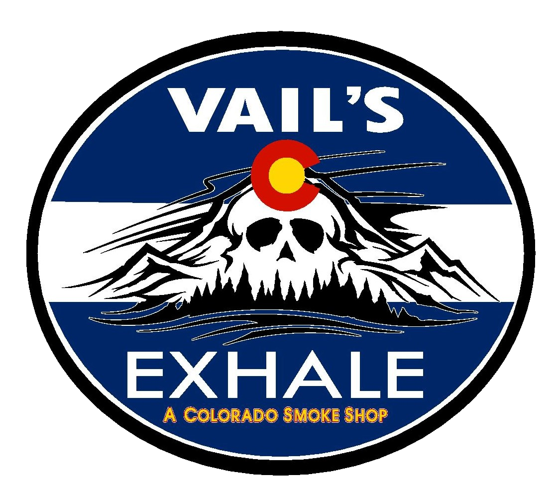 Vail's Exhale smoke shop logo featuring a skull and mountains.